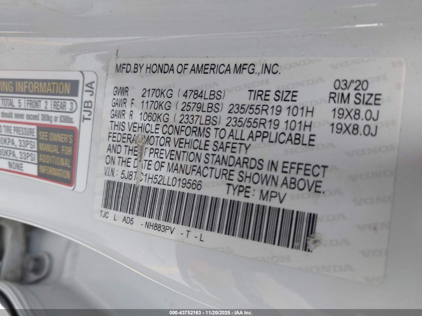 2020 Acura Rdx Technology Package VIN: 5J8TC1H52LL019566 Lot: 43752163