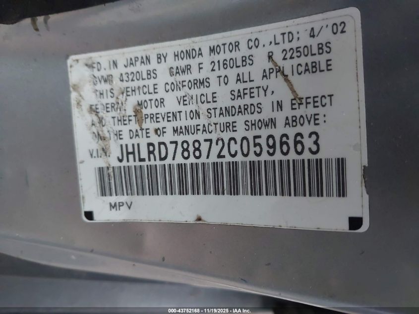 2002 Honda Cr-V Ex VIN: JHLRD78872C059663 Lot: 43752168