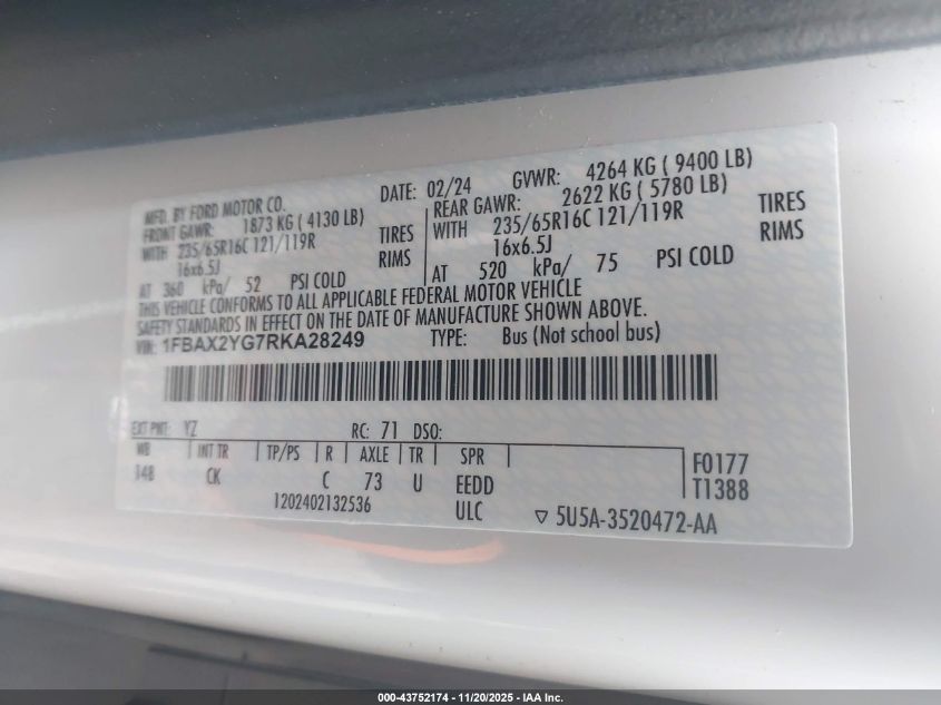 2024 Ford Transit-350 Passenger Van Xlt VIN: 1FBAX2YG7RKA28249 Lot: 43752174