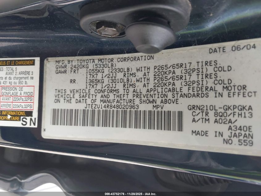 2004 Toyota 4Runner Sr5 Sport V6 VIN: JTEZU14R848020963 Lot: 43752176