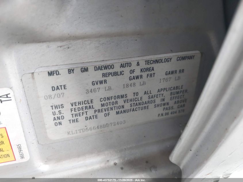 2008 Chevrolet Aveo Ls VIN: KL1TD56648B072403 Lot: 43752179