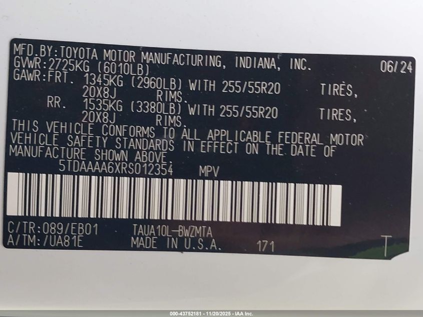 2024 Lexus Tx 350 Premium VIN: 5TDAAAA6XRS012354 Lot: 43752181