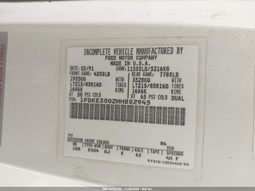 1991 Ford Econoline E350 Cutaway Van VIN: 1FDKE30G2MHB02945 Lot: 43752194