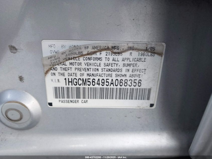 2005 Honda Accord 2.4 Lx VIN: 1HGCM56495A068356 Lot: 43752200