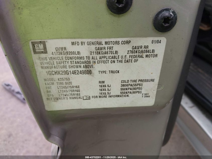 2004 Chevrolet Silverado 2500Hd Ls VIN: 1GCHK29G14E249800 Lot: 43752201