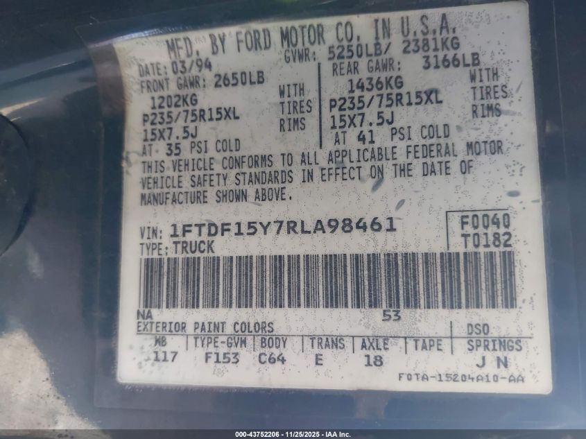 1994 Ford F150 VIN: 1FTDF15Y7RLA98461 Lot: 43752206