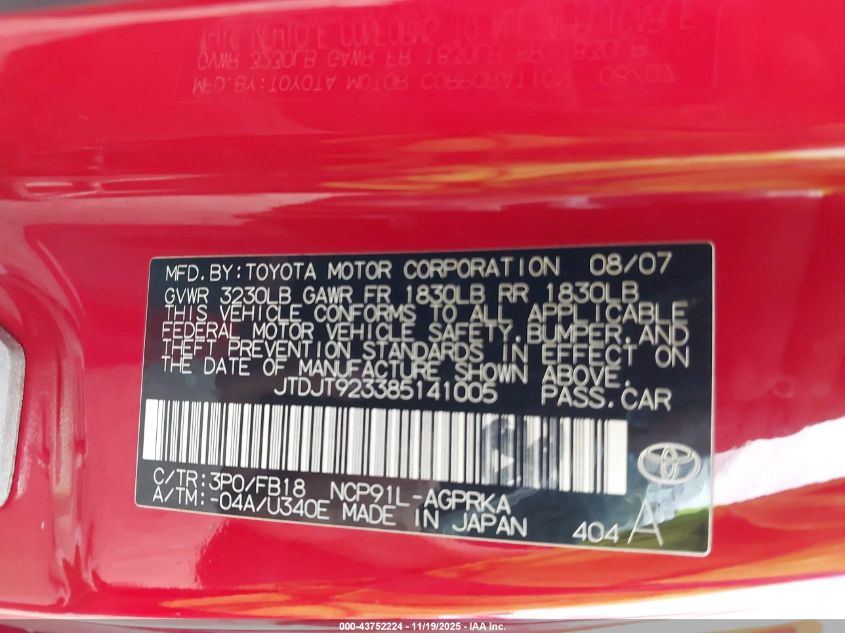 2008 Toyota Yaris VIN: JTDJT923385141005 Lot: 43752224