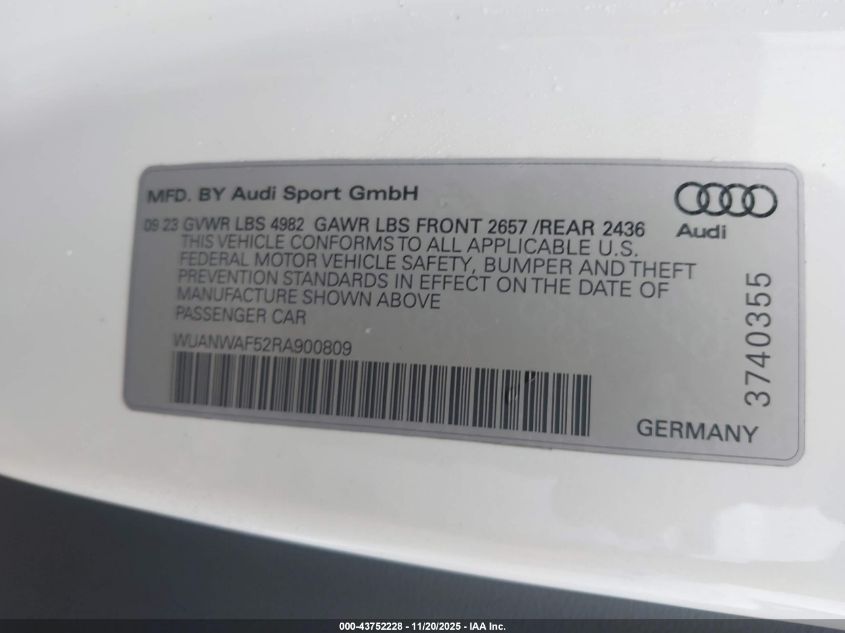 2024 Audi Rs 5 Tfsi Quattro Tiptronic VIN: WUANWAF52RA900809 Lot: 43752228