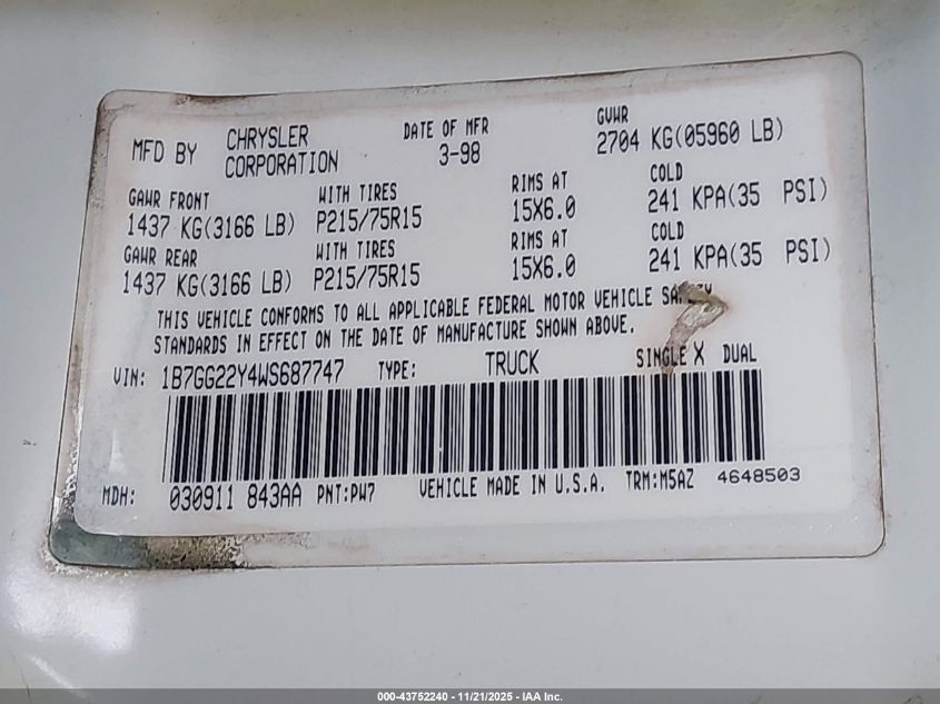 1998 Dodge Dakota Slt/Sport VIN: 1B7GG22Y4WS687747 Lot: 43752240