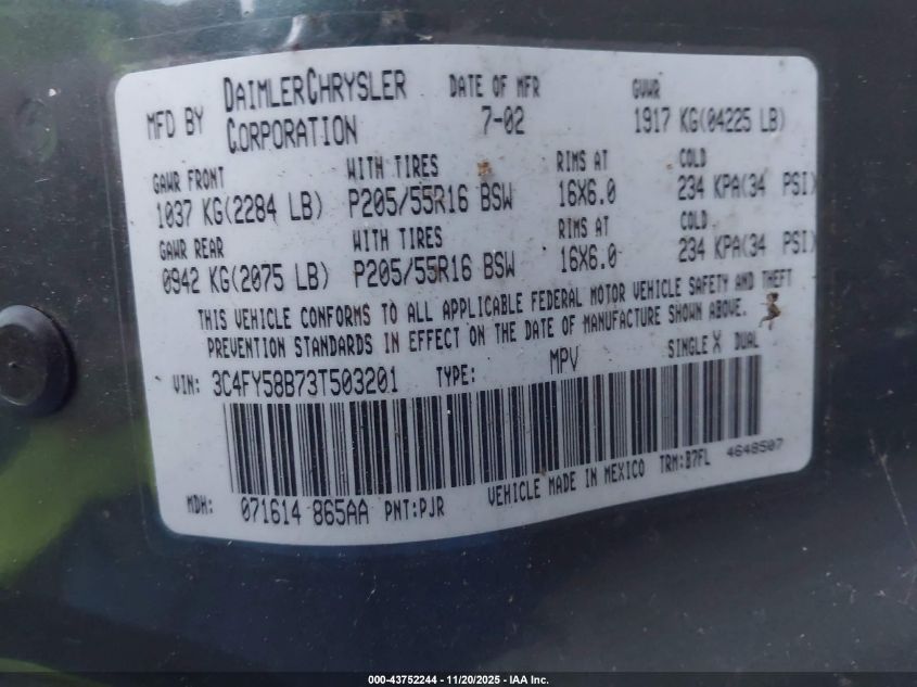 2003 Chrysler Pt Cruiser Touring VIN: 3C4FY58B73T503201 Lot: 43752244