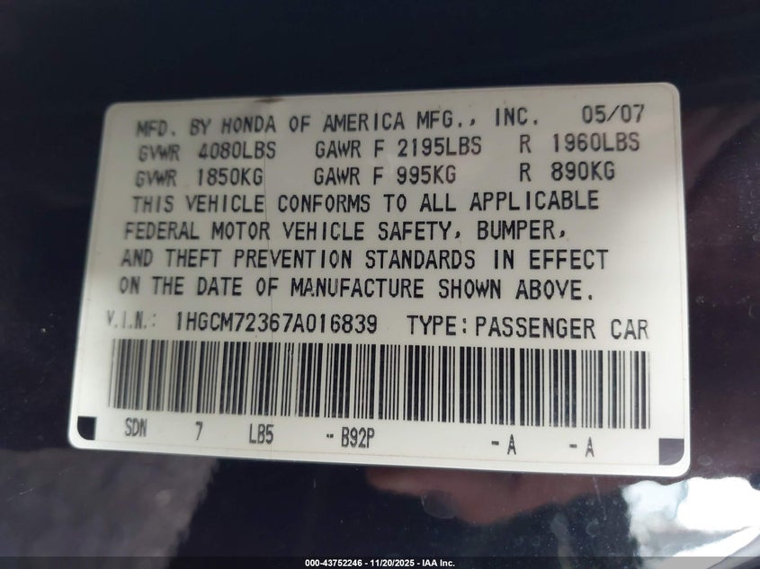 1HGCM72367A016839 2007 HONDA ACCORD photo no. 9