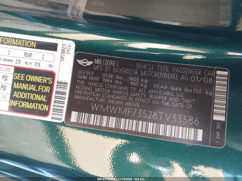 2008 Mini Cooper S VIN: WMWMF73528TV33586 Lot: 43752261
