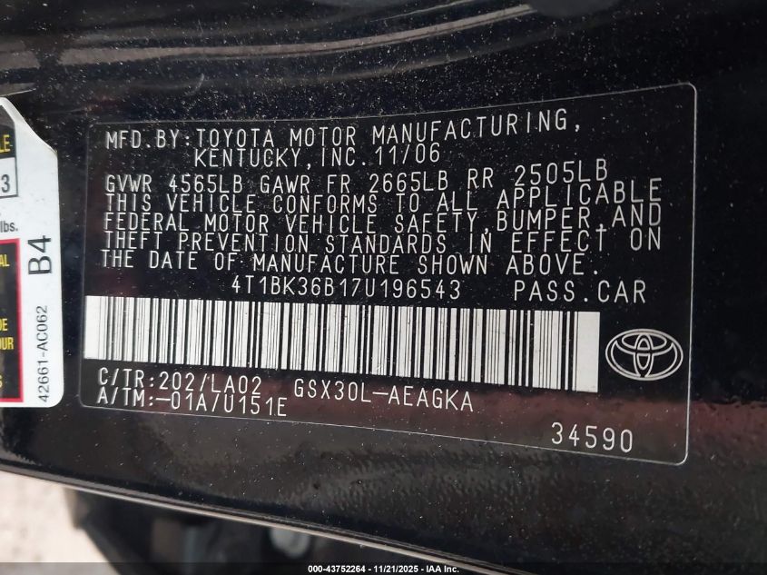 2007 Toyota Avalon Xls VIN: 4T1BK36B17U196543 Lot: 43752264