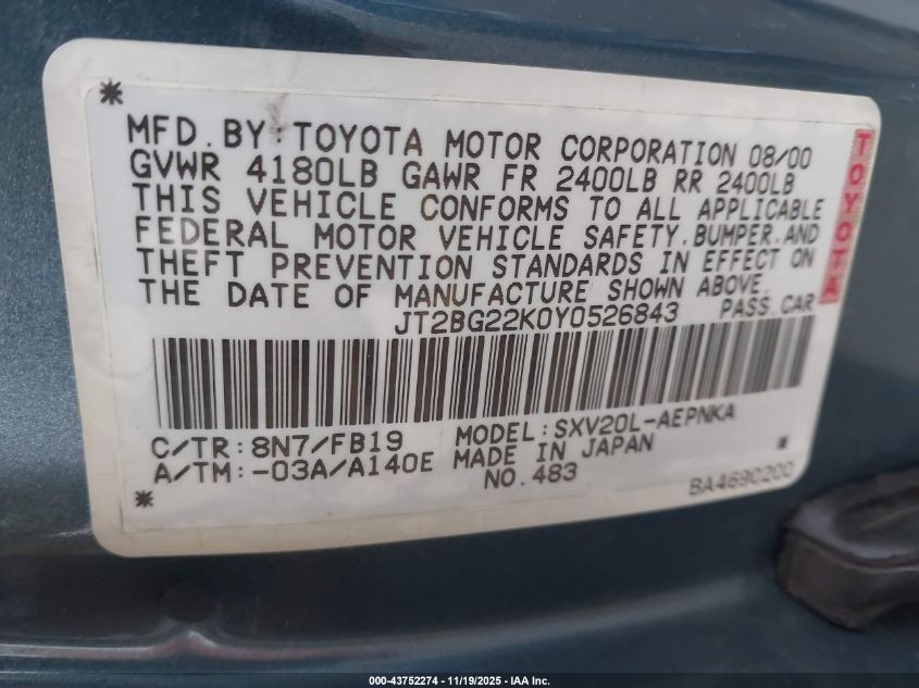 2000 Toyota Camry Le VIN: JT2BG22K0Y0526843 Lot: 43752274