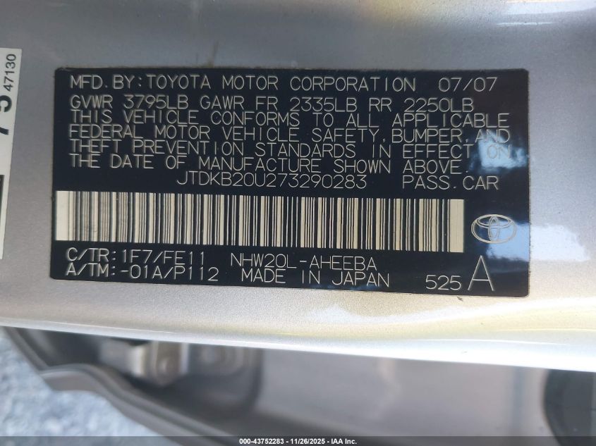 2007 Toyota Prius VIN: JTDKB20U273290283 Lot: 43752283