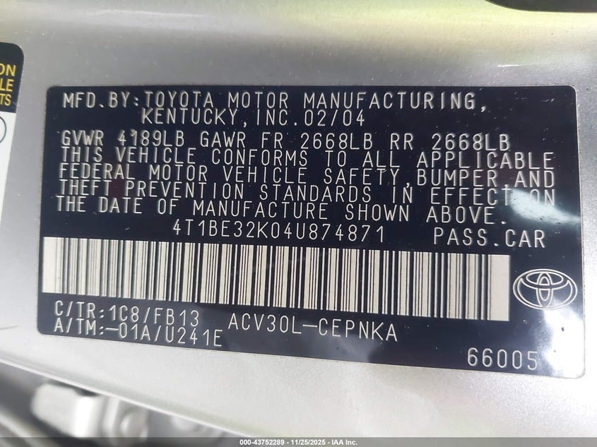 2004 Toyota Camry Le VIN: 4T1BE32K04U874871 Lot: 43752289