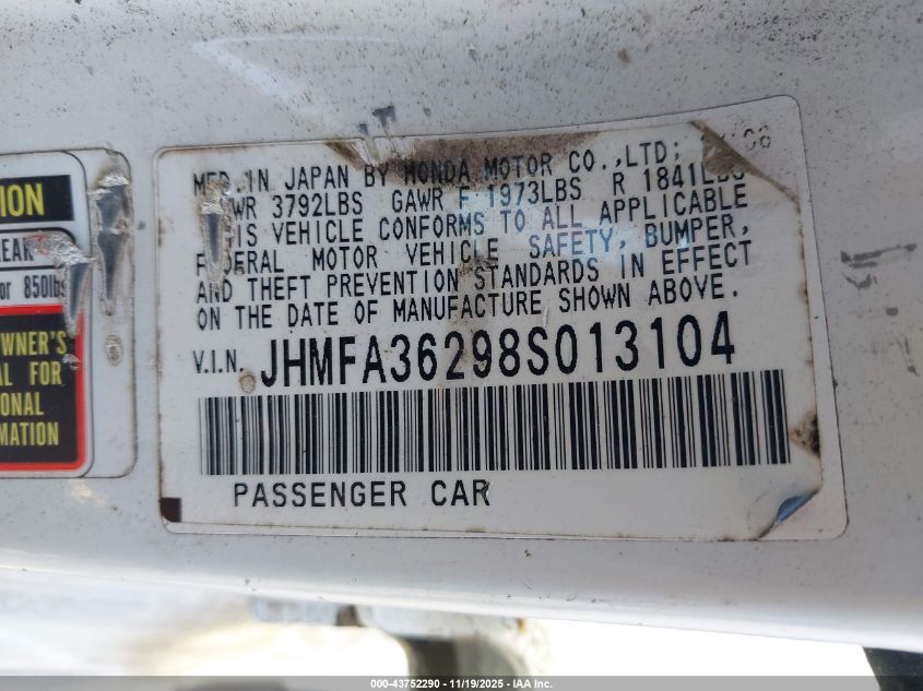 2008 Honda Civic Hybrid VIN: JHMFA36298S013104 Lot: 43752290