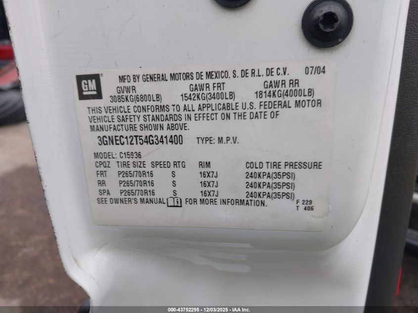 2004 Chevrolet Avalanche 1500 VIN: 3GNEC12T54G341400 Lot: 43752295