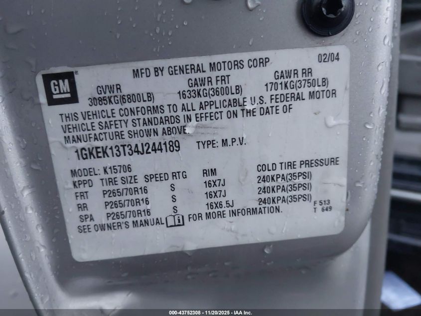 2004 GMC Yukon Sle VIN: 1GKEK13T34J244189 Lot: 43752308