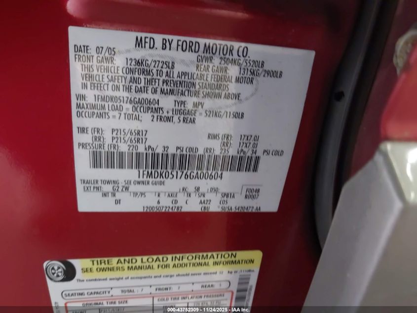 2006 Ford Freestyle Sel VIN: 1FMDK05176GA00604 Lot: 43752309