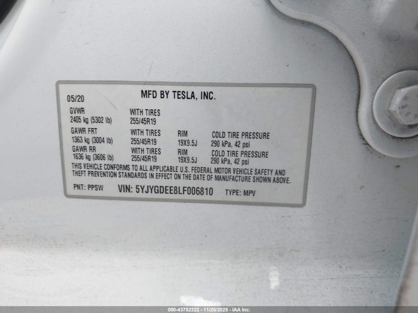 2020 Tesla Model Y Long Range Dual Motor All-Wheel Drive VIN: 5YJYGDEE8LF006810 Lot: 43752322