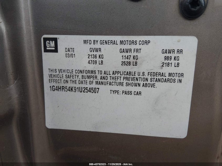 2001 Buick Lesabre Limited VIN: 1G4HR54K91U254507 Lot: 43752323