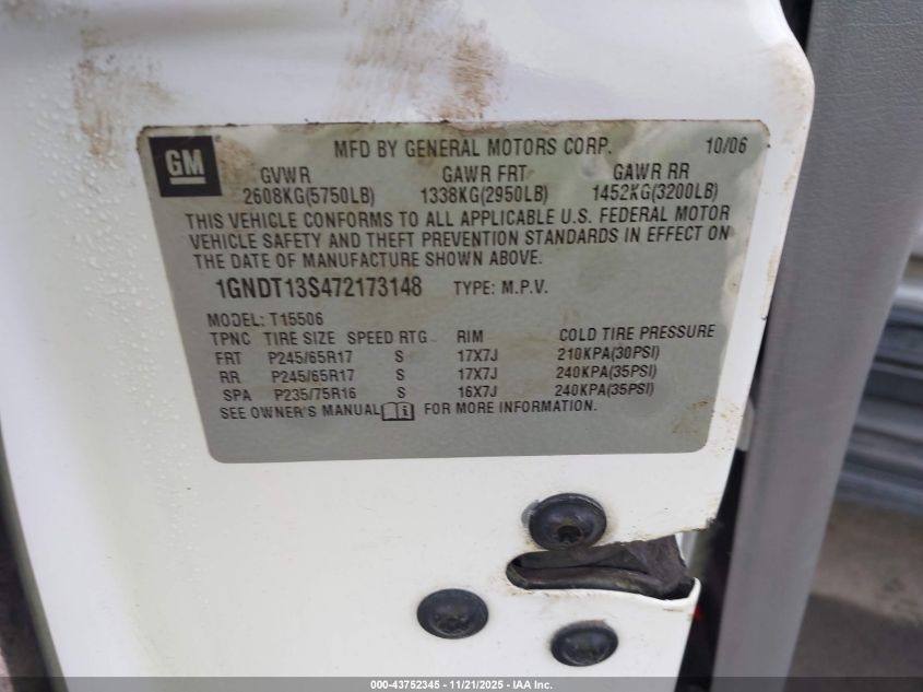2007 Chevrolet Trailblazer Ls VIN: 1GNDT13S472173148 Lot: 43752345