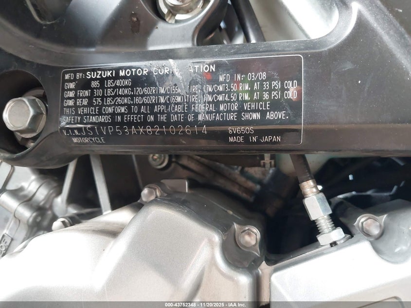 2008 Suzuki Sv650 VIN: JS1VP53AX82102614 Lot: 43752348