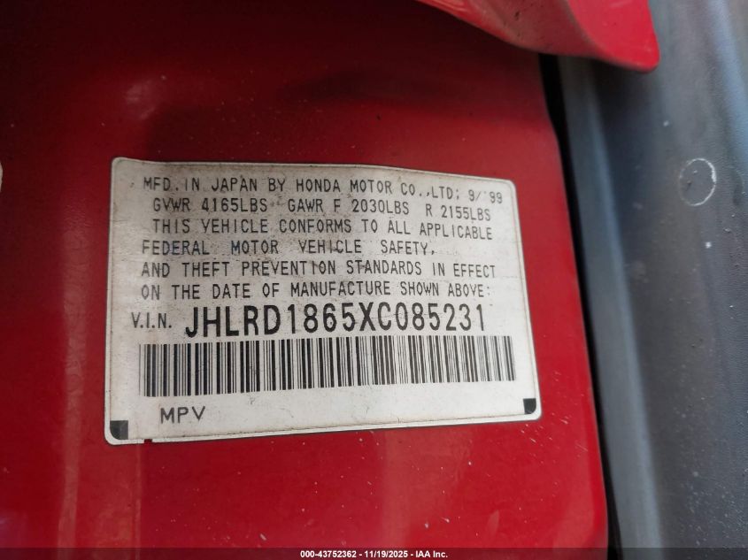 1999 Honda Cr-V Ex VIN: JHLRD1865XC085231 Lot: 43752362