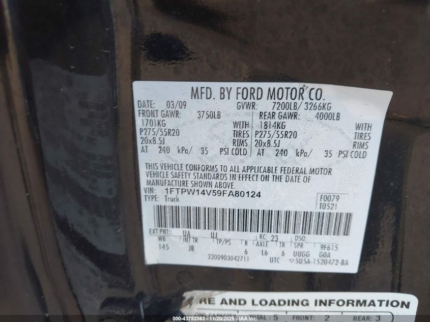 2009 Ford F-150 Fx4/King Ranch/Lariat/Platinum/Xl/Xlt VIN: 1FTPW14V59FA80124 Lot: 43752363