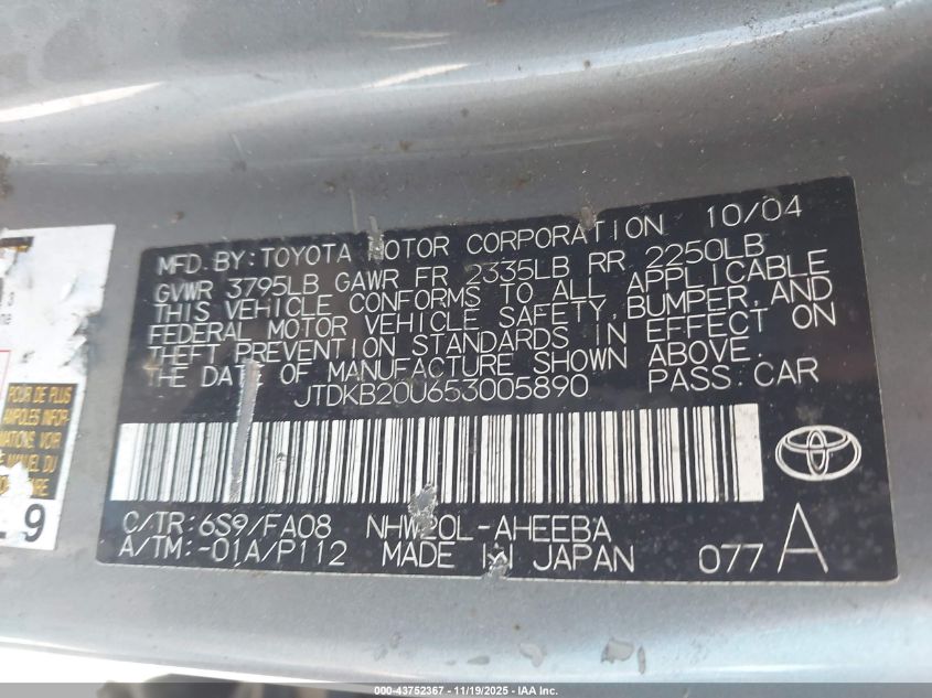 2005 Toyota Prius VIN: JTDKB20U653005890 Lot: 43752367