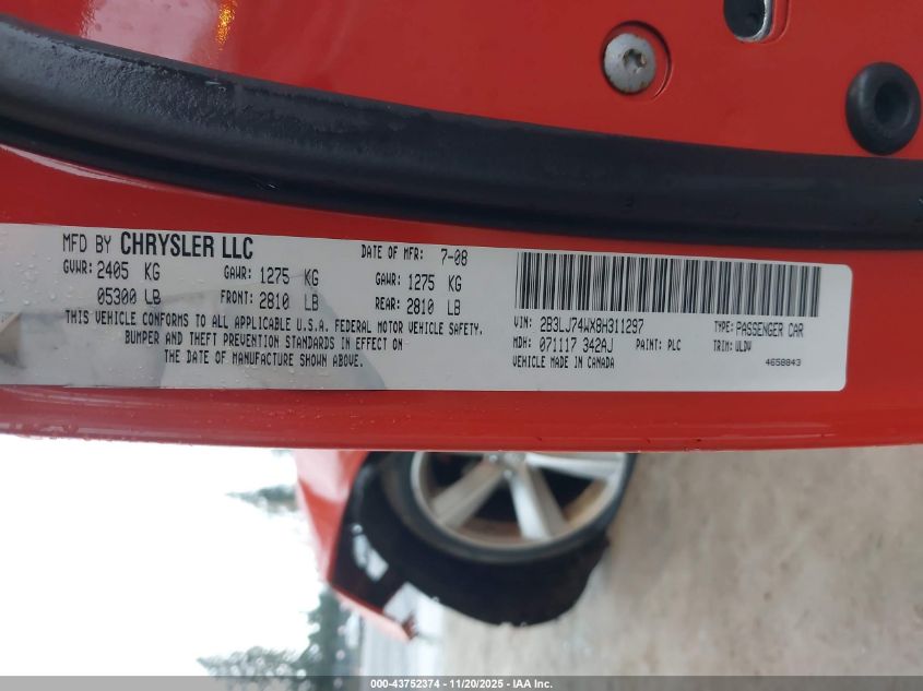 2008 Dodge Challenger Srt8 VIN: 2B3LJ74WX8H311297 Lot: 43752374