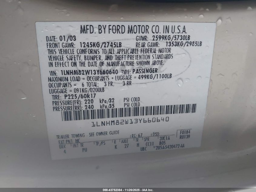 2003 Lincoln Town Car Signature VIN: 1LNHM82W13Y660640 Lot: 43752384