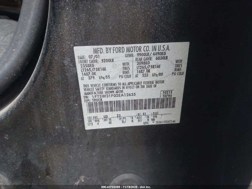 2002 Ford F-350 Lariat/Xl/Xlt VIN: 1FTSW31F02EA12635 Lot: 43752389