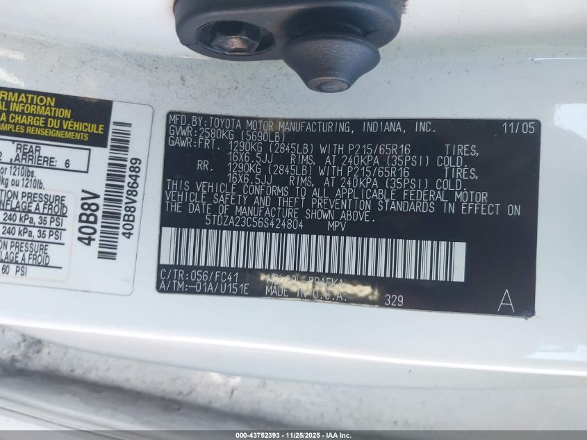 2006 Toyota Sienna Le VIN: 5TDZA23C56S424804 Lot: 43752393