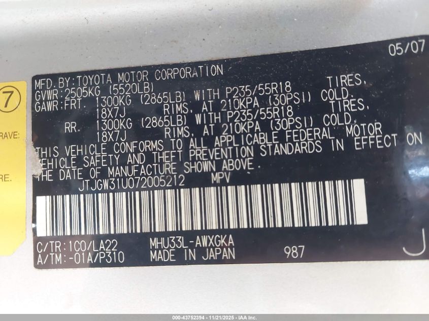 2007 Lexus Rx 400H VIN: JTJGW31U072005212 Lot: 43752394