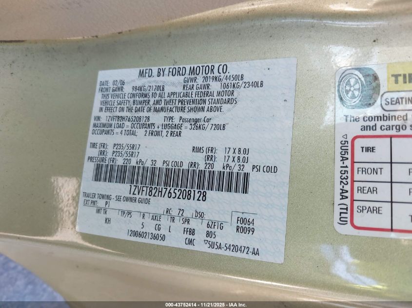 2006 Ford Mustang Gt VIN: 1ZVFT82H765208128 Lot: 43752414