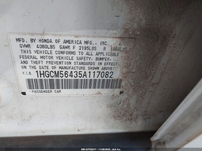 2005 Honda Accord 2.4 Lx VIN: 1HGCM56435A117082 Lot: 43752417