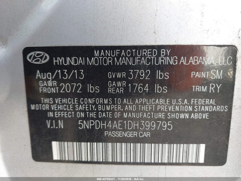 5NPDH4AE1DH399795 2013 HYUNDAI ELANTRA photo no. 9