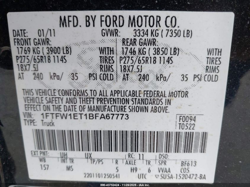 2011 Ford F-150 Xlt VIN: 1FTFW1ET1BFA67773 Lot: 43752424