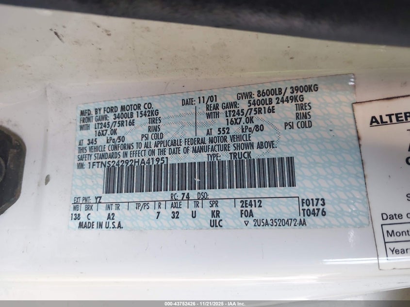 2002 Ford E-250 Commercial/Recreational VIN: 1FTNS24292HA41951 Lot: 43752426