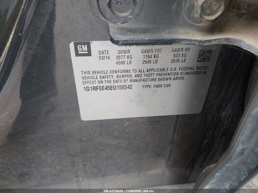 2014 Chevrolet Volt VIN: 1G1RF6E45EU158542 Lot: 43752430