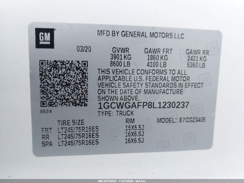 2020 Chevrolet Express Cargo Rwd 2500 Regular Wheelbase Wt VIN: 1GCWGAFP8L1230237 Lot: 43752433