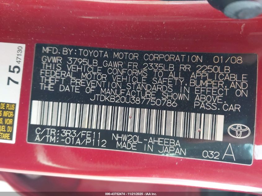 2008 Toyota Prius VIN: JTDKB2OU387750786 Lot: 43752474