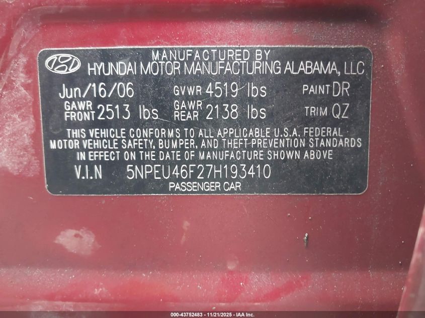 2007 Hyundai Sonata Limited/Se V6 VIN: 5NPEU46F27H193410 Lot: 43752483
