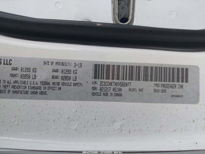 2019 Dodge Charger Police Awd VIN: 2C3CDXKTXKH582077 Lot: 43752486