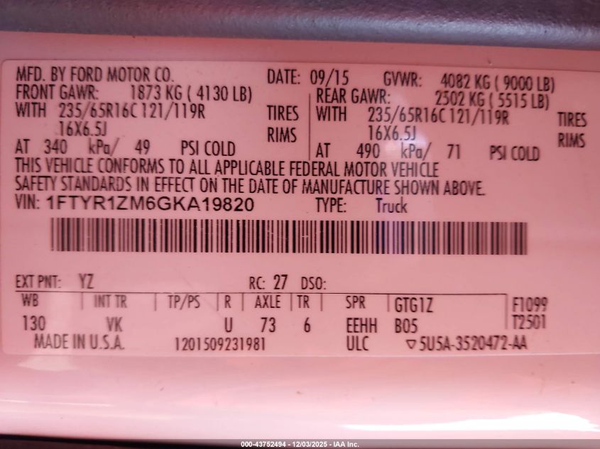 2016 Ford Transit-250 VIN: 1FTYR1ZM6GKA19820 Lot: 43752494