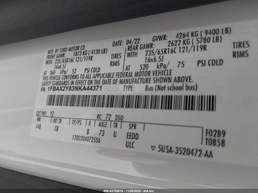 2022 Ford Transit-350 Passenger Van Xlt VIN: 1FBAX2Y83NKA44371 Lot: 43752514