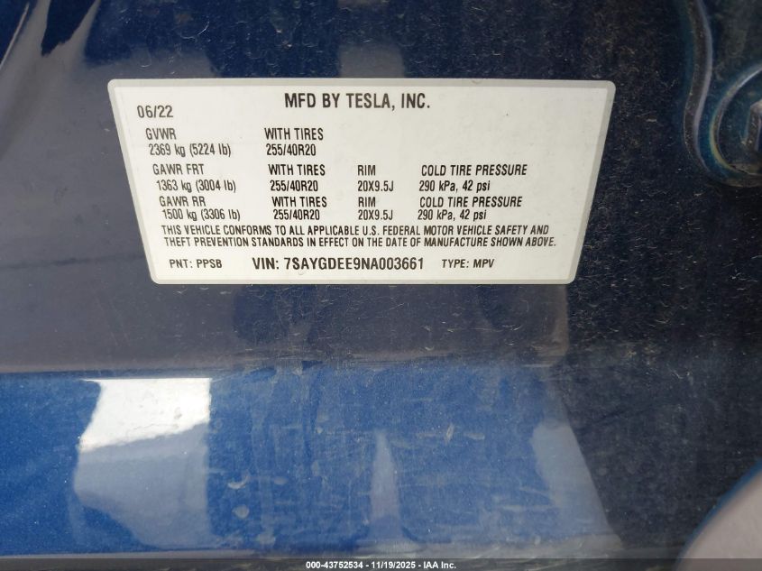 2022 Tesla Model Y Long Range Dual Motor All-Wheel Drive VIN: 7SAYGDEE9NA003661 Lot: 43752534