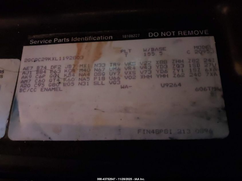 1990 Chevrolet Gmt-400 C2500 VIN: 2GCGC29KXL1192803 Lot: 43752547